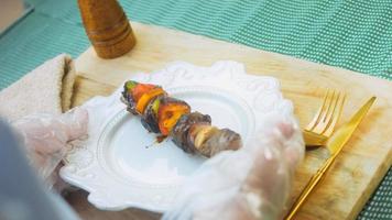 marinated beef kebabs with vegetables prepared on the grill video