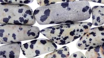 Dalmatian jasper heap jewel stones texture on white light frame background. Moving right seamless loop backdrop. video