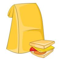 Lunch bag and sandwich icon, cartoon style vector