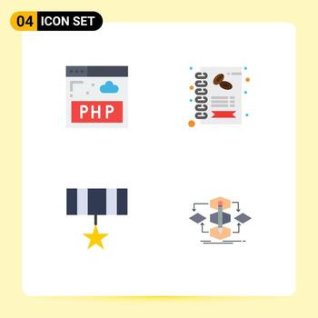 paquete de iconos planos de 4 símbolos universales de elementos de diseño de vectores editables de algoritmo de tienda de negocios de insignia de datos