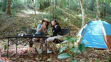 Handheld shot, front view Young Asian pretty woman and her girlfriend sitting at front of tent, use mobile phone take photo during camping in forest with happiness together video