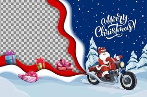Christmas paper cut frame with cartoon Santa, bike vector