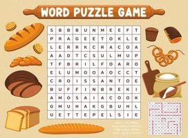 Flour, bread and bakery word search puzzle game vector