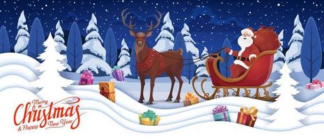 Christmas banner, Santa on sleigh, gifts in snow vector