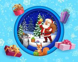 Christmas paper cut banner, cartoon Santa, animals vector