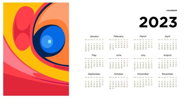 New year 2023 calendar design template with geometric colorful abstract. Vector calendar design.