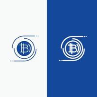 bitcoins cadena de bloque de bitcoin moneda criptográfica línea descentralizada y glifo icono sólido bandera azul línea y glifo icono sólido bandera azul vector