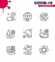 Coronavirus Precaution Tips icon for healthcare guidelines presentation 9 Line icon pack such as cough pill emergency medical antivirus viral coronavirus 2019nov disease Vector Design Elements