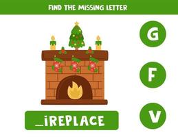 Find missing letter with cartoon fireplace. Spelling worksheet. vector