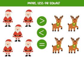 More, less or equal with cartoon Santa Claus and reindeer. vector