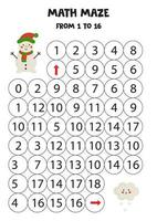 Get cute snowman to the snowy cloud by counting to 16. vector