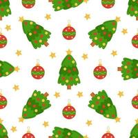 Seamless pattern with cute cartoon Christmas trees and balls. vector
