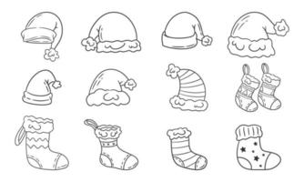 gorro de santa y calcetines dibujados a mano para colorear vector