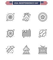 Line Pack of 9 USA Independence Day Symbols of usa country independece sign police Editable USA Day Vector Design Elements