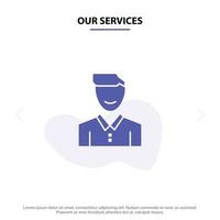 nuestros servicios avatar cara de cliente hombre feliz persona usuario icono de glifo sólido plantilla de tarjeta web vector