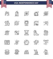 Big Pack of 25 USA Happy Independence Day USA Vector Lines and Editable Symbols of donkey international flag military flag rail Editable USA Day Vector Design Elements