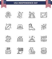 16 USA Line Signs Independence Day Celebration Symbols of footbal usa american united map Editable USA Day Vector Design Elements