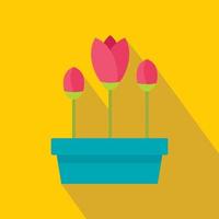 Pink tulips in planter icon, flat style vector