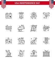Happy Independence Day 16 Lines Icon Pack for Web and Print howitzer big gun badge sausage food Editable USA Day Vector Design Elements