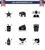 Group of 9 Solid Glyphs Set for Independence day of United States of America such as usa money american dollar juice Editable USA Day Vector Design Elements