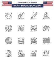 4th July USA Happy Independence Day Icon Symbols Group of 16 Modern Lines of dollar rip baseball gravestone death Editable USA Day Vector Design Elements