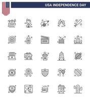 Pack of 25 USA Independence Day Celebration Lines Signs and 4th July Symbols such as hardball baseball army wine glass beer Editable USA Day Vector Design Elements