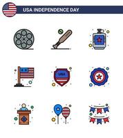 USA Happy Independence DayPictogram Set of 9 Simple Flat Filled Lines of usa flag usa country hip Editable USA Day Vector Design Elements