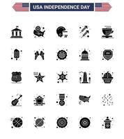 Set of 25 Modern Solid Glyph pack on USA Independence Day cup shoot location pin firework celebration Editable USA Day Vector Design Elements