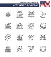 conjunto moderno de 16 líneas y símbolos en el día de la independencia de EE. UU., como el edificio emblemático que construye elementos de diseño vectorial del día de EE. UU. editables a mano americana vector