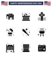 Pack of 9 USA Independence Day Celebration Solid Glyphs Signs and 4th July Symbols such as barbecue sports church bat ball Editable USA Day Vector Design Elements