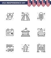 Paquete de 9 líneas de EE. UU. De signos y símbolos del día de la independencia de la fecha del banco de alimentos de la bandera de EE. UU. Elementos de diseño vectorial editables del día de EE. UU. vector