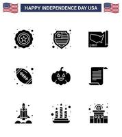 paquete de 9 signos de glifos sólidos de celebración del día de la independencia de EE. UU. Y símbolos del 4 de julio, como archivos de deportes de calabaza unidos americanos, elementos de diseño vectorial editables del día de EE. UU. vector