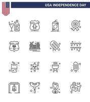 USA Happy Independence DayPictogram Set of 16 Simple Lines of american independence day security independece usa Editable USA Day Vector Design Elements