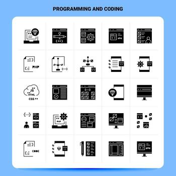 sólido 25 conjunto de iconos de programación y codificación diseño de estilo de glifo vectorial conjunto de iconos negros diseño de ideas de negocios web y móvil ilustración vectorial vector