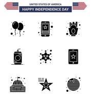 9 USA Solid Glyph Pack of Independence Day Signs and Symbols of badge drink phone cola food Editable USA Day Vector Design Elements