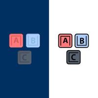 abc bloques conocimiento básico del alfabeto iconos planos y llenos de línea conjunto de iconos vector fondo azul