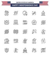 Group of 25 Lines Set for Independence day of United States of America such as sweet dessert football cake festival Editable USA Day Vector Design Elements