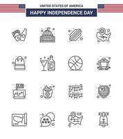 feliz día de la independencia 4 de julio conjunto de 16 líneas pictografía americana de pin de ubicación de dinero estados americanos de wisconsin elementos de diseño de vector de día de estados unidos editables