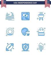 USA Independence Day Blue Set of 9 USA Pictograms of helmet american world nutrition donut Editable USA Day Vector Design Elements