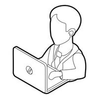 Businessman using his laptop icon, outline style vector