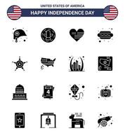 Happy Independence Day USA Pack of 16 Creative Solid Glyphs of police hot i heart food hot dog Editable USA Day Vector Design Elements