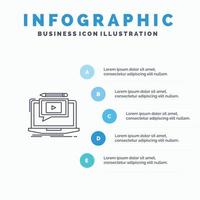 Laptop Player Screen Tutorial Video Line icon with 5 steps presentation infographics Background vector