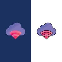 conexión a la nube iconos de señal wifi plano y conjunto de iconos llenos de línea vector fondo azul