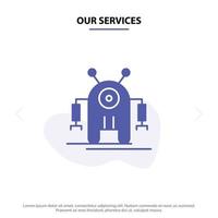 nuestros servicios tecnología de robot robótico humano icono de glifo sólido plantilla de tarjeta web vector