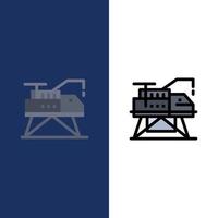 iconos de plataforma de laboratorio de ingeniería de construcción conjunto de iconos planos y rellenos de línea vector fondo azul