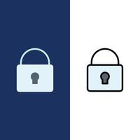 Lock Security Locked Login  Icons Flat and Line Filled Icon Set Vector Blue Background