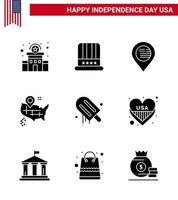 feliz día de la independencia 9 paquete de iconos de glifos sólidos para web e imprimir helado americano ubicación americana editable elementos de diseño vectorial del día de EE. UU. vector