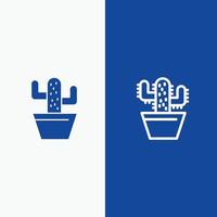 cactus naturaleza maceta línea de primavera y glifo icono sólido línea de bandera azul y glifo icono sólido bandera azul vector