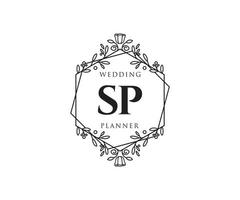 Colección de logotipos de monograma de boda con letras iniciales sp, plantillas florales y minimalistas modernas dibujadas a mano para tarjetas de invitación, guardar la fecha, identidad elegante para restaurante, boutique, café en vector