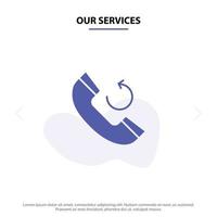 nuestros servicios llamar al teléfono devolución de llamada icono de glifo sólido plantilla de tarjeta web vector